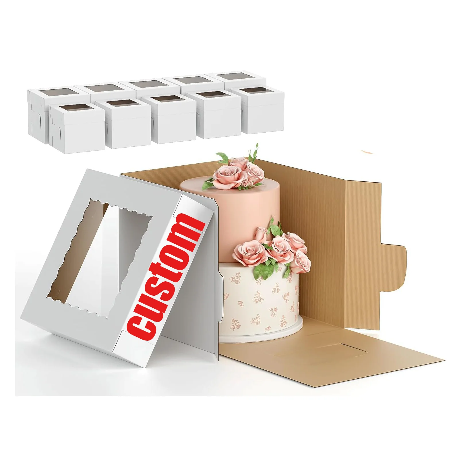 Гофрированный материал складная картонная коробка с окном оптовая продажа десертная упаковка белая для торта