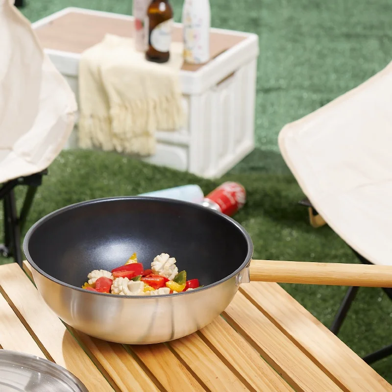 Commercial Stainless Steel Portable Kitchen Cooking Wok Non-Stick Camping Pan for Hiking Barbecues Outdoor Iron Cookware