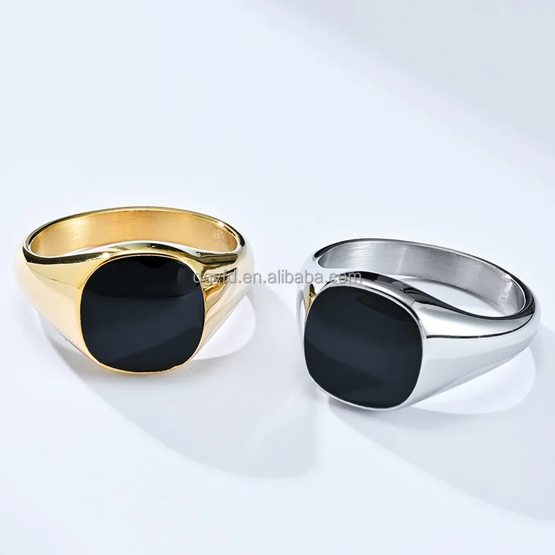 Personalized 18k Gold Plated Black Enamel 316L Stainless Steel Men Signet Ring Customized Jewelry Rings Factory