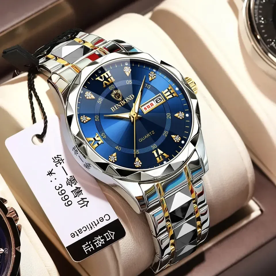 BINBOND 2521 Hot Sale Fashion Hot Sale Mens Watch  Luminous Calendar Quartz Wristwatch Men Stainless Steel Watch