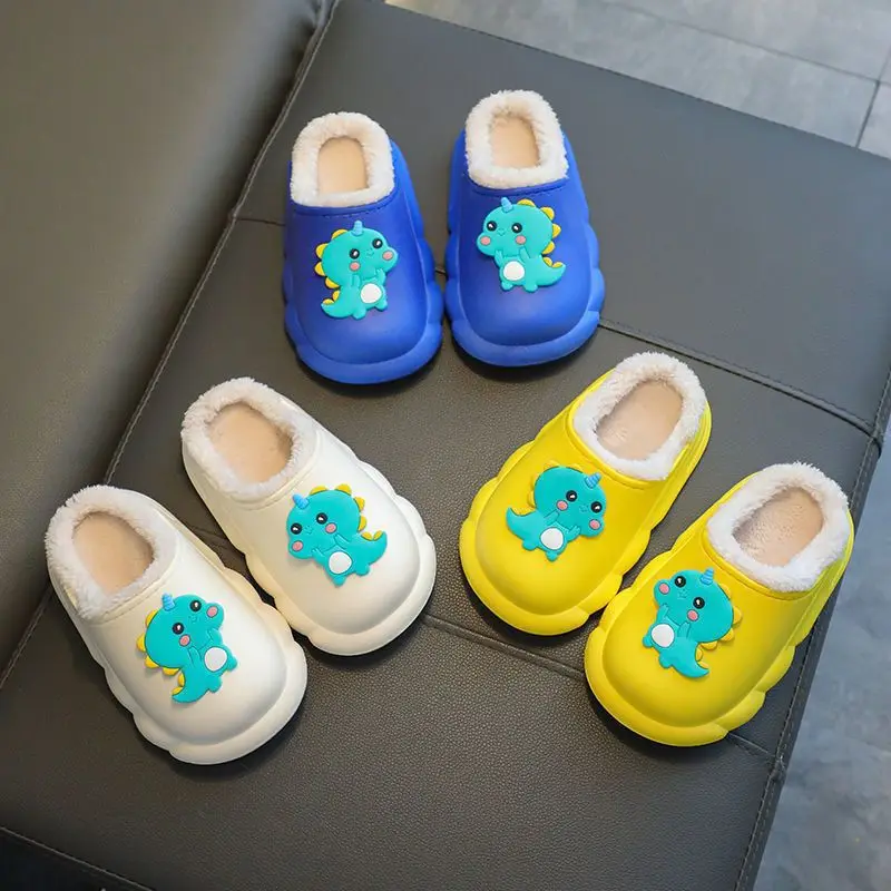Animal Dinosaur Cartoon Warm Slippers Cute Fashion Winter Waterproof Anti Slip Kids New Bottom Home Plush Slippers For Children