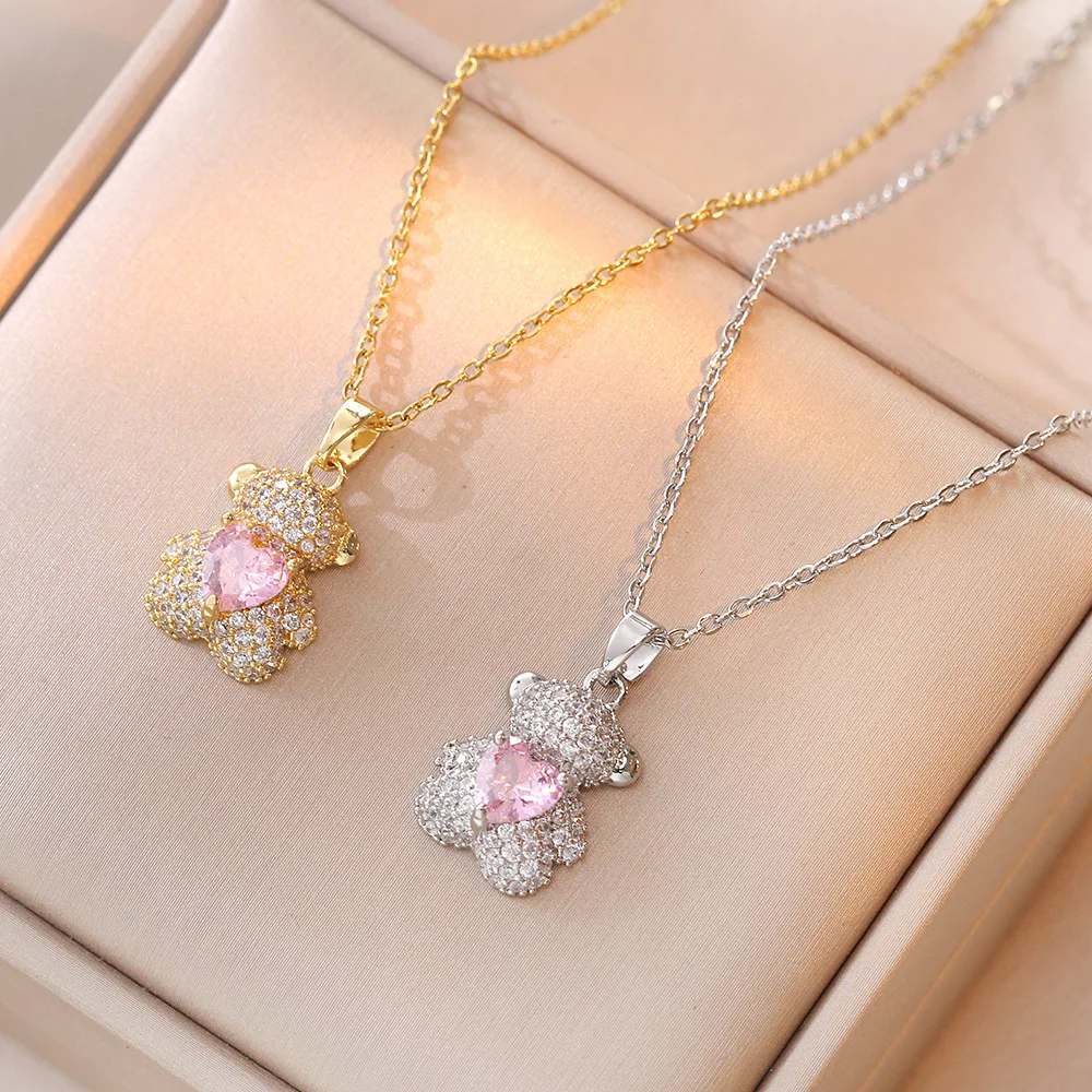 Lovely Stainless Steel Chain Full Diamond Little Bear Pendant Necklace Gold Plating Micro Paved Cubic Zircon Rabbit Necklace