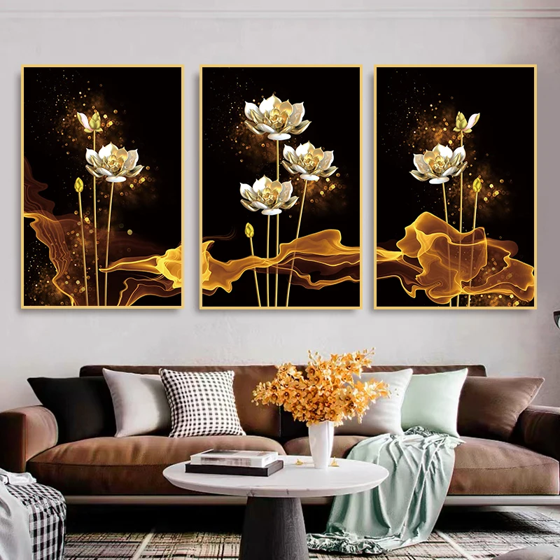 Still Life Posters Lotus Canvas Home Decoration Bedroom Murals Light Luxury Golden Flowers Painting and Plants Print