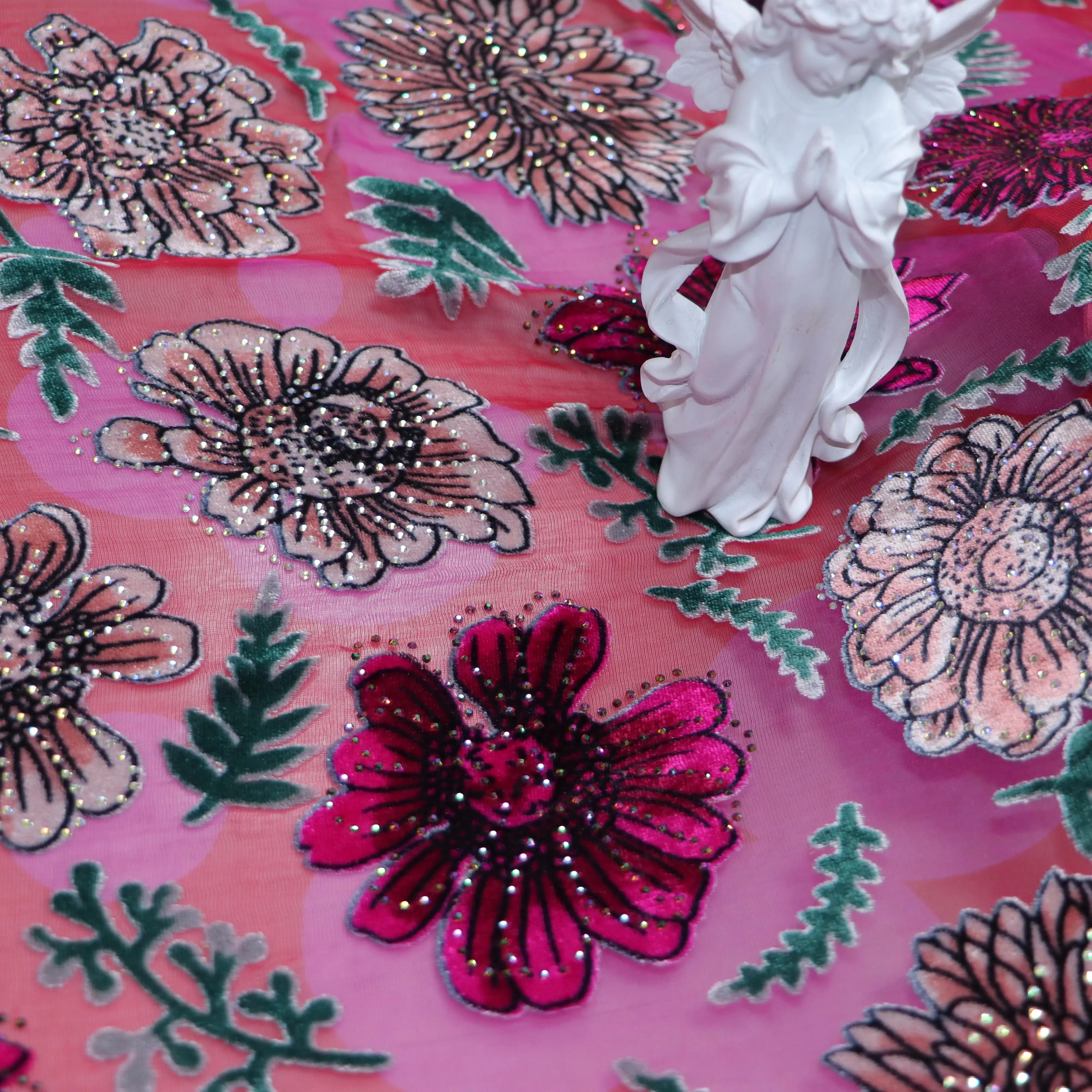 Soft Shiny  New Coming High Quality Diamond  Silk  Velvet Patch embroidery lace fabric for Luxury Lady Evening Clothes