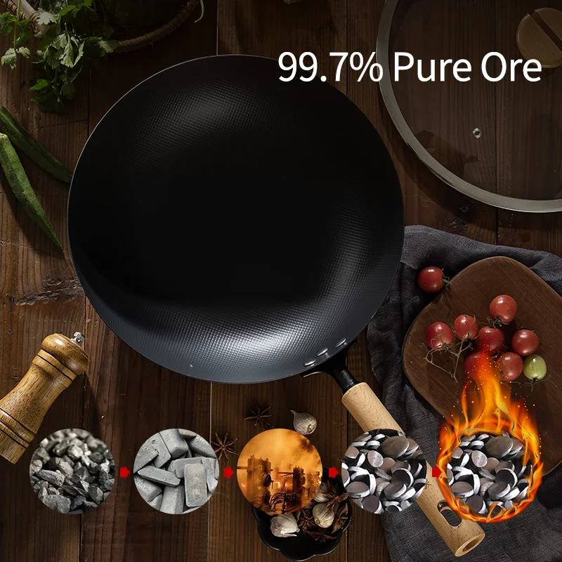 2023 Factory Wholesale Pre Seasoned 32CM Wok Chinese Traditional Handmade Wok For Kitchen Pan Wooden Handle For Gas Cookware
