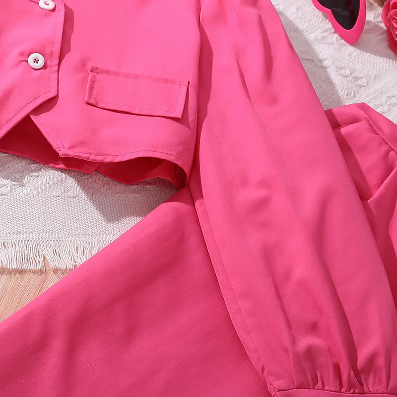 Spring Autumn fashion Children Girl Clothes Long Sleeve Square Collar Pink Tops Loose Pants 2Pcs Kids Clothing set