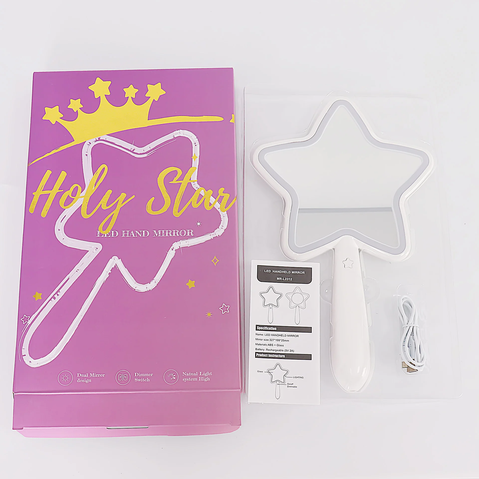 Creative Double-Sided 5X Magnify Glass Handheld Makeup Mirror Pentagram LED USB Charging Handle Wall Mount Daily Makeup Gift