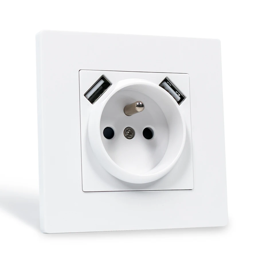 Electrical Wall Mounted PC Plate Single French Socket With Type A+A USB Ports 2100mA EU Standard Switch And Socket