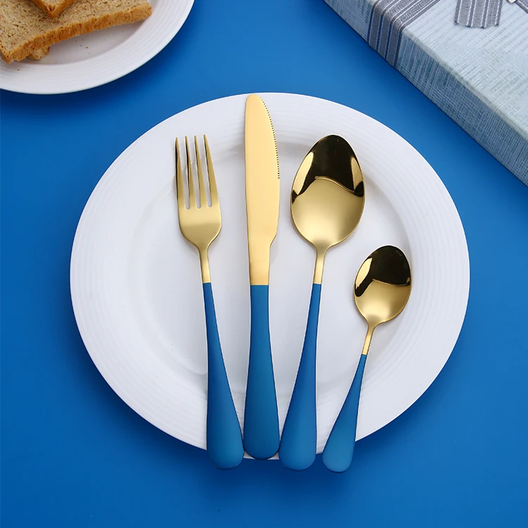 Custom Wholesale Stainless Steel Cutlery Set Blue Gold Flatware