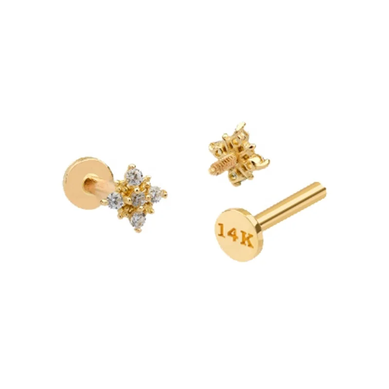 14k Solid Gold Gemmed  Threadless Labret  Stud  Helix Cartilage Lobe Tragus Daith Body Piercing Jewelry