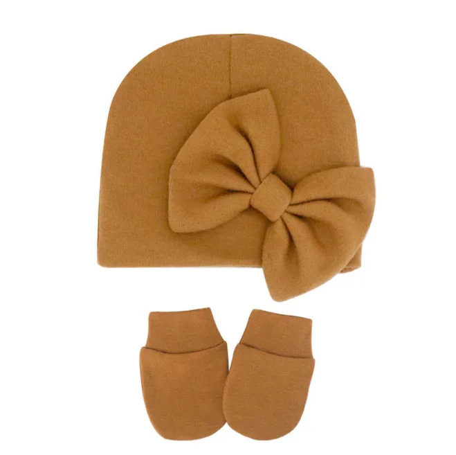 Unisex Newborn Baby Girls Boys Autumn Miitens And Bow Hats Sets Infant Toddler Winter Gloves And Caps set