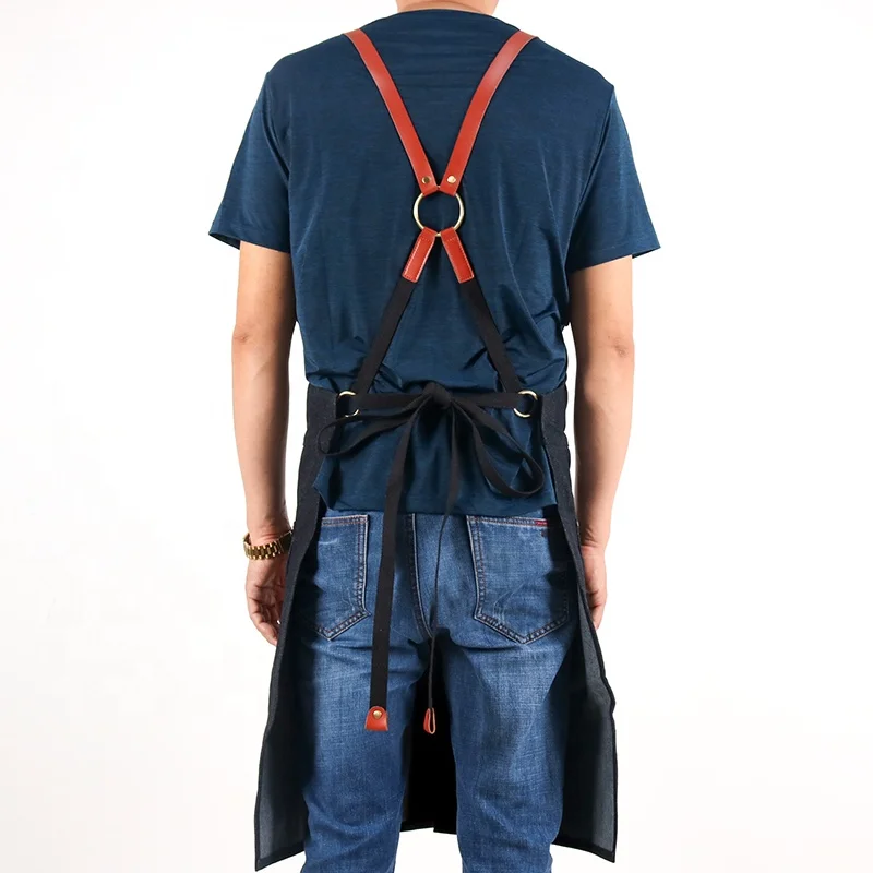 CHANGRONG Black denim work Split Leg apron for barista restaurant gardening custom logo