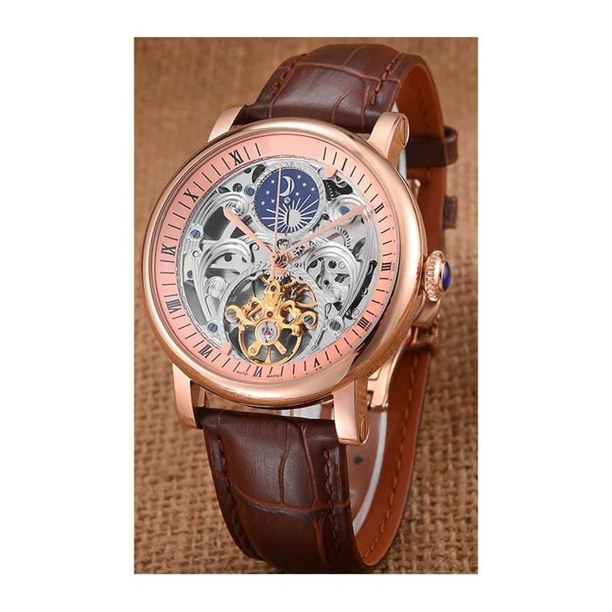 Latest cow leather strap all hollow moon phase waterproof men mechanical wristwatch