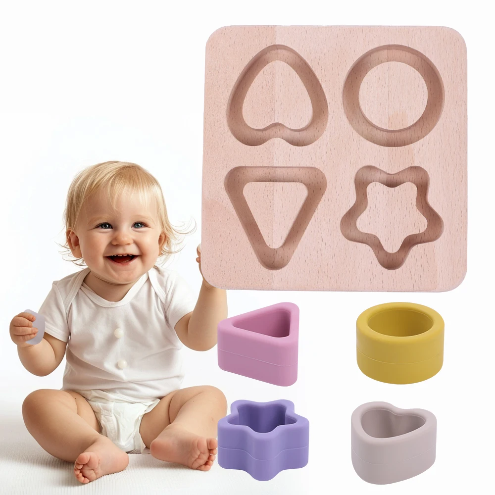 Bpa Free Silicon Teething Toy Baby Education Cute Star Round Rectangle Heart Shape Silicone Jigsaw Baby Wooden Base Puzzle Toy