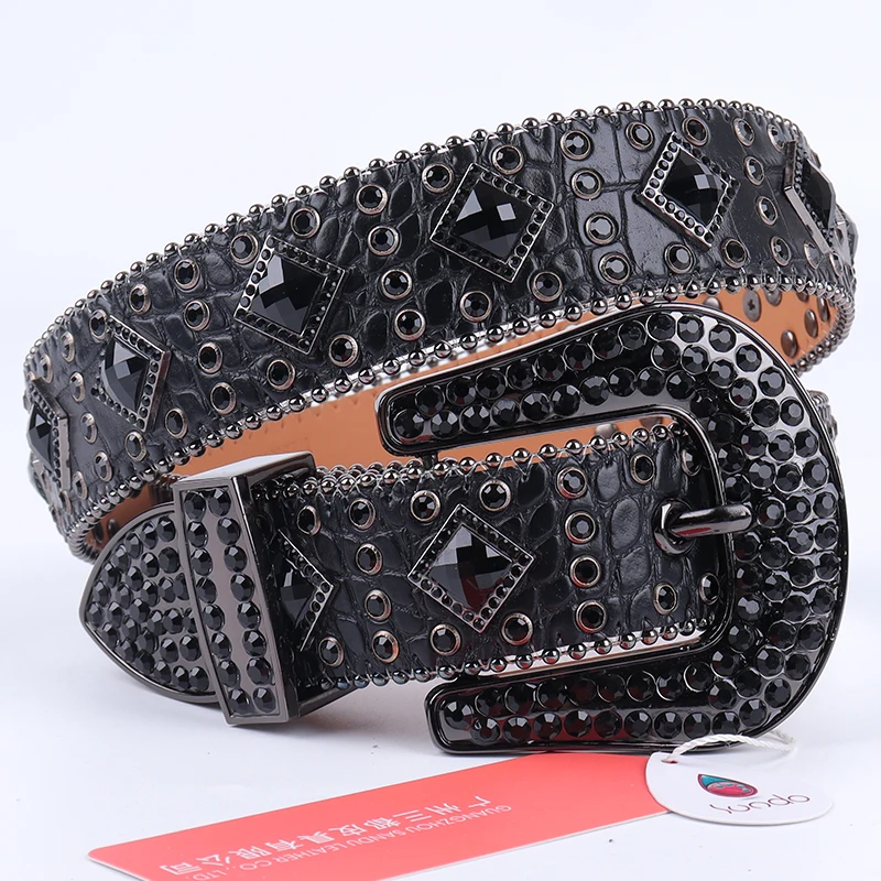 Western Premium Luxurious Solid Heavy 5MM Thick Buckle Men Studded Alligator PU Leather Rhinestones Belt