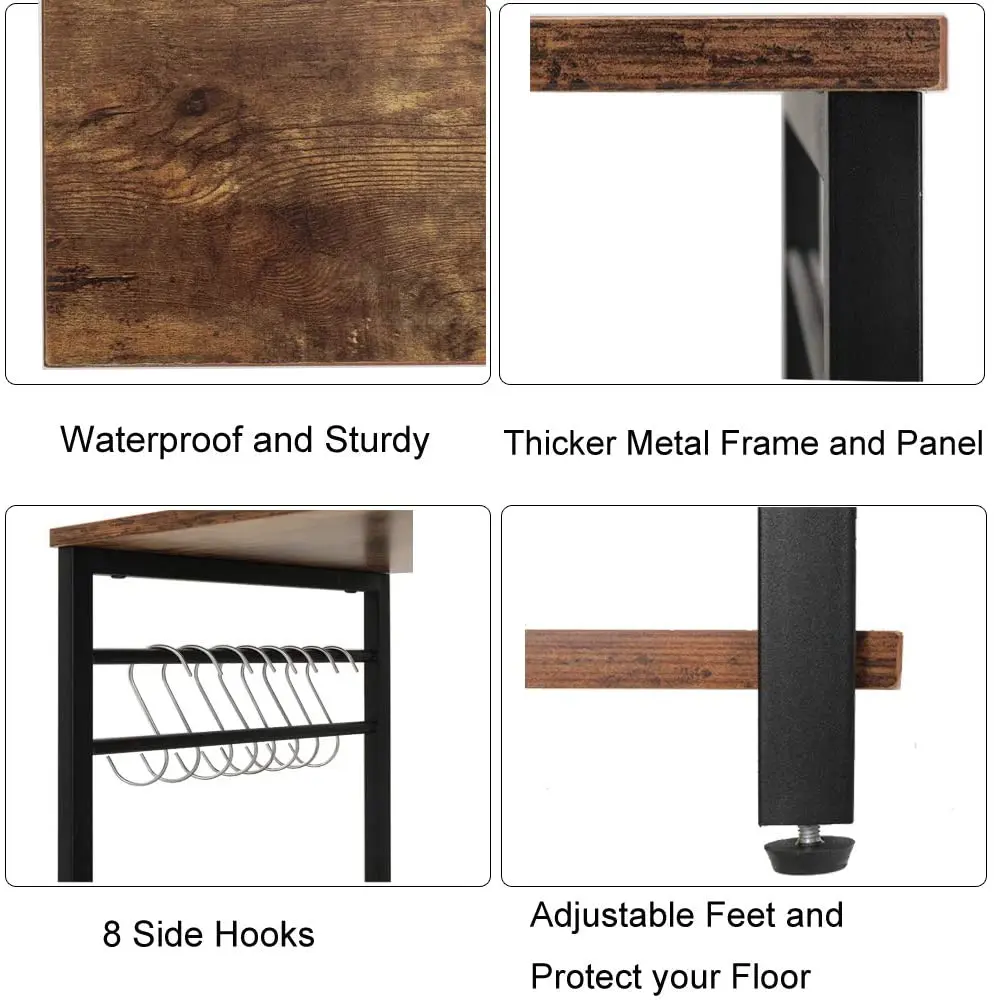 Brown  Rack With 1 Cabinet And 8 S Hooks 3 Tier Industrial Utility Stand Cart Multipurpose Microwave Oven Kitchen Storage Shelf