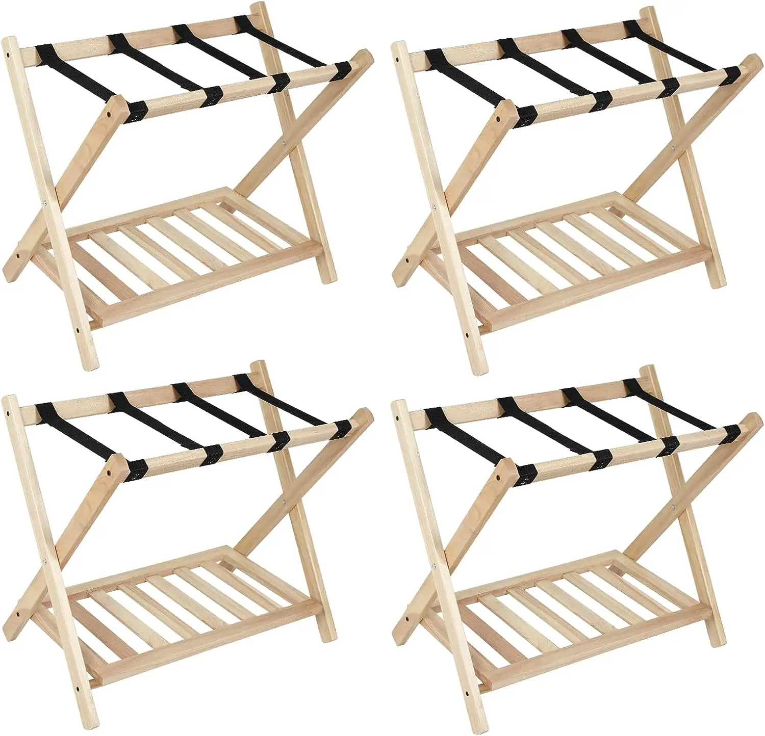 Wooden Suitcase Stand 2 Tier Foldable Luggage Racks Folding with Shelf Heavy Duty Nylon Belts