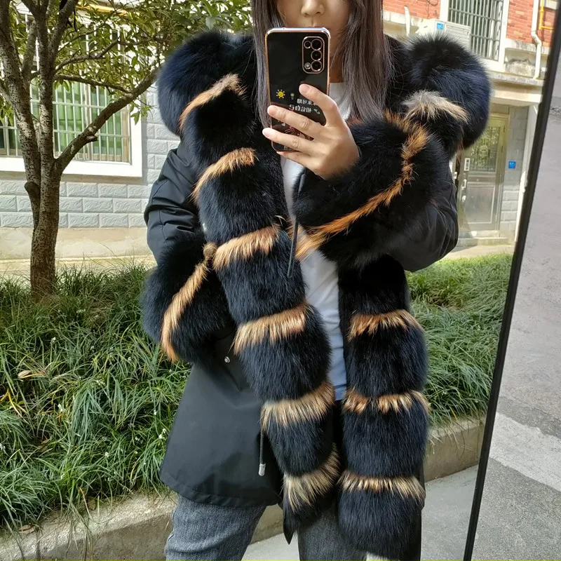 Luxury style winter fur parka real fox fur collar women parka windproof thick rex rabbit fur lining parka jackets