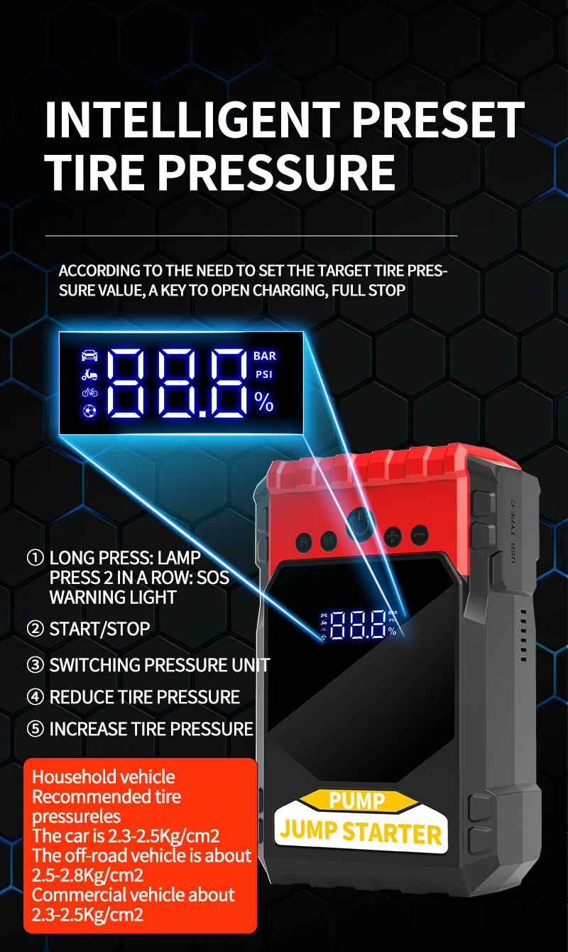 12 24 Volt Emergency Portable Jump Starter with Air Compressor 1000A Power Bank Tire Inflator Pump 12V Starting Device Car Boost