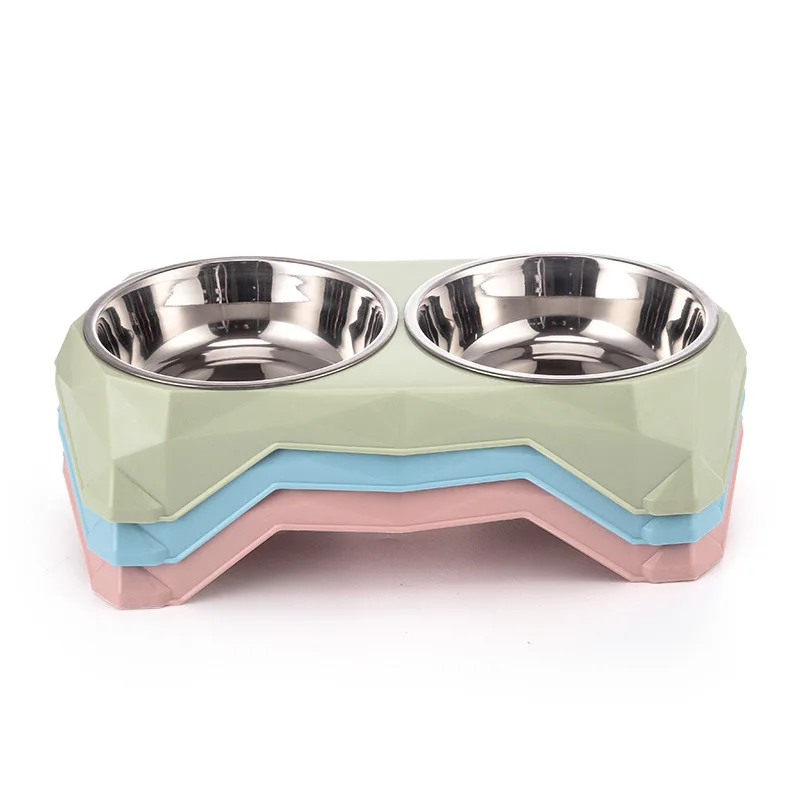 New Candy Color Diamond Thicken Pet Bowl Cartoon Double Pet Bowl Stainless Pet Feeder Bowl