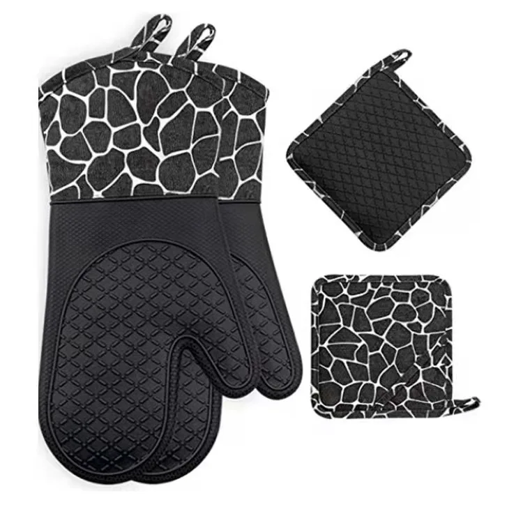 Pattern Printed 100% Cotton Custom Oven Mitt And Black Pot Holder Set Heat Resistant Oven Glove And Sublimation Pot Holder