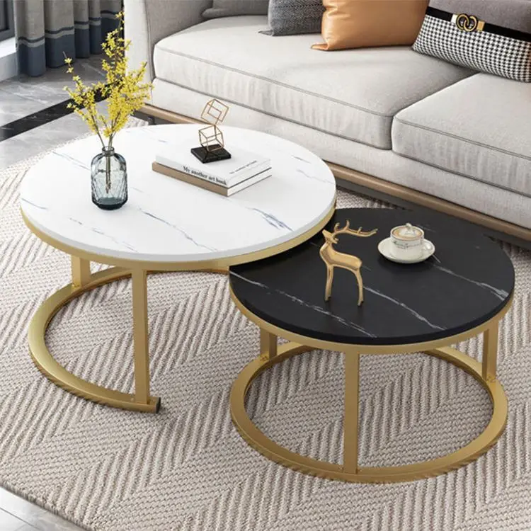 Contemporary Round Nesting Bent Black Gold Metal Side Glass Marble Stone Mdf Wood Coffee Table Nest Of 3 Table Set Nesting Table