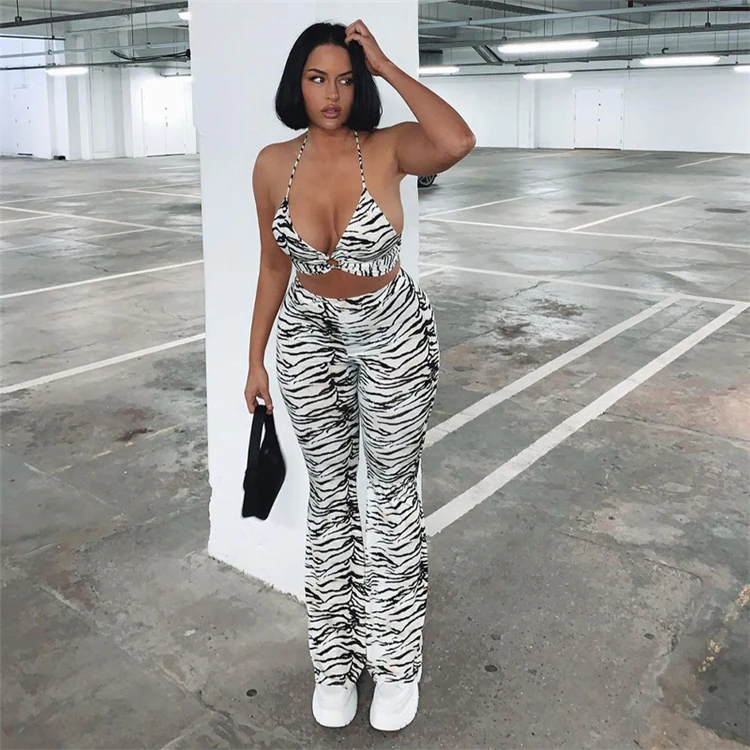 2021 summer striped printed casual wide leg trousers two-piece suit