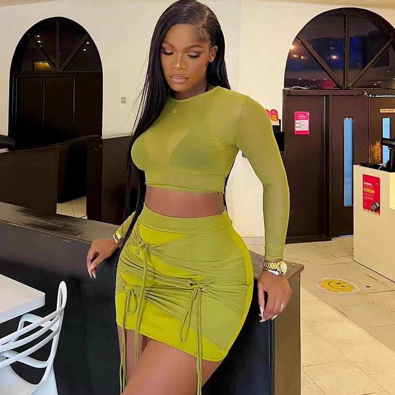 Trending Sexy Mesh Women Casual Long Sleeve Crop Top And Shorts Two Piece Set