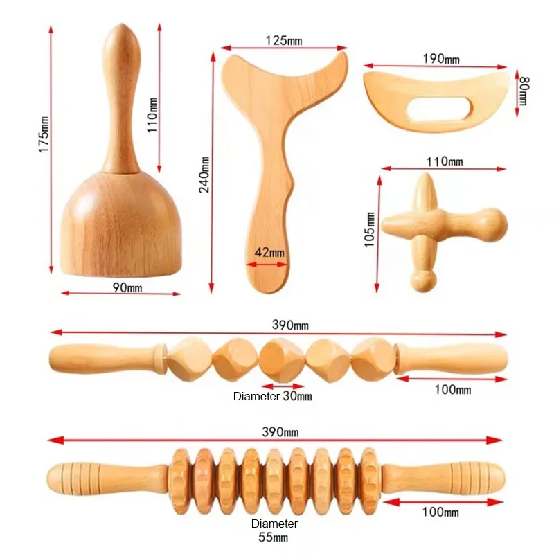 Wholesale Solid Beech Wood Massager Rolling Stick Scraping Board Lymphatic Gua Sha Wood Therapy Massage Cup Head Massage Set