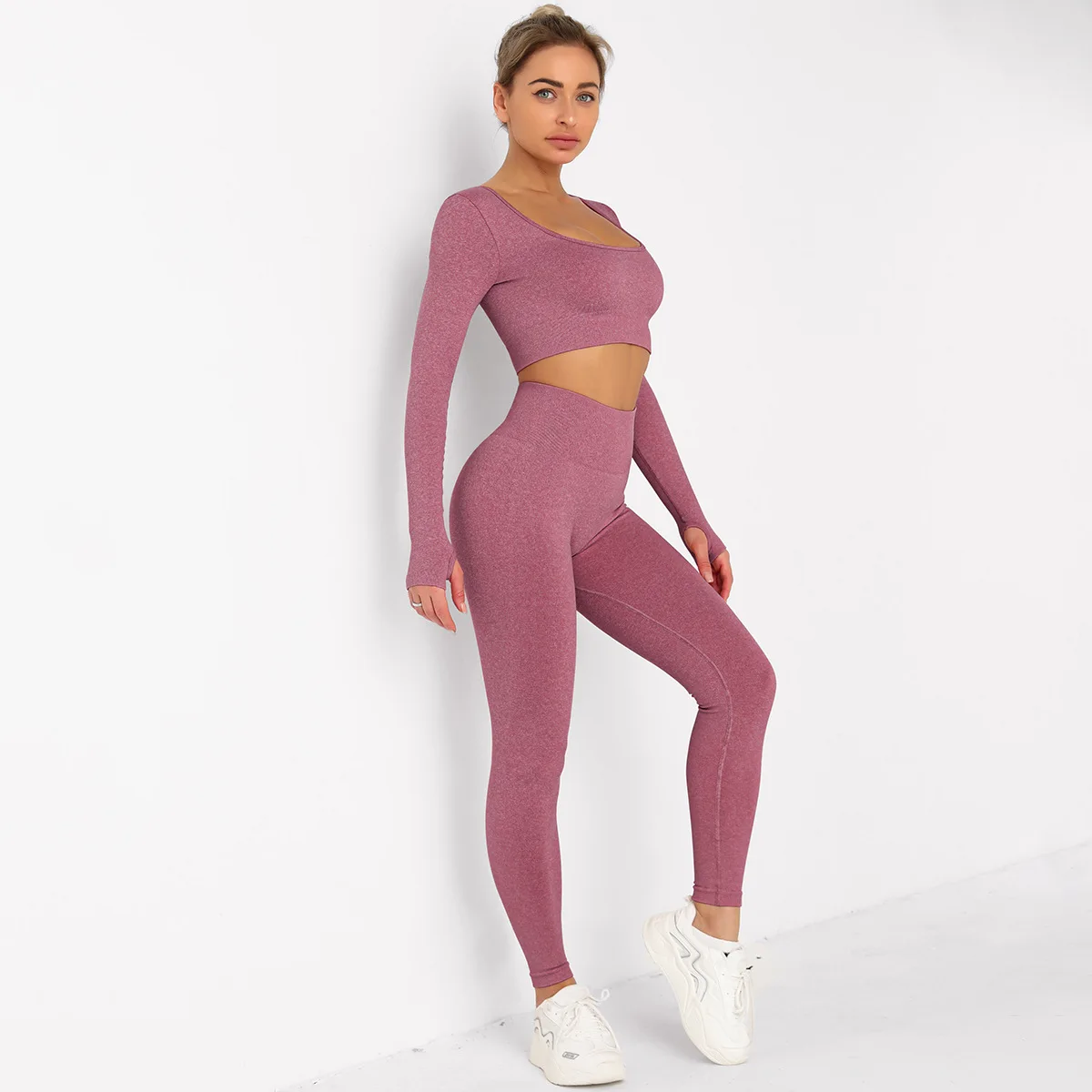 2021 Fashion Basic Leggings Sport 2pcs Long Sleeve Jogging Set Activewear Fitness Yoga Wear For Woman