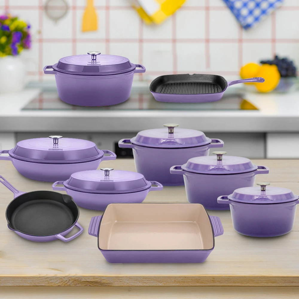 Bright Houseware Purple Cooking Pot Set Customized Cookware Cast Iron Pots and Pans Non-stick Enamel Cast Iron Metal Modern 36cm