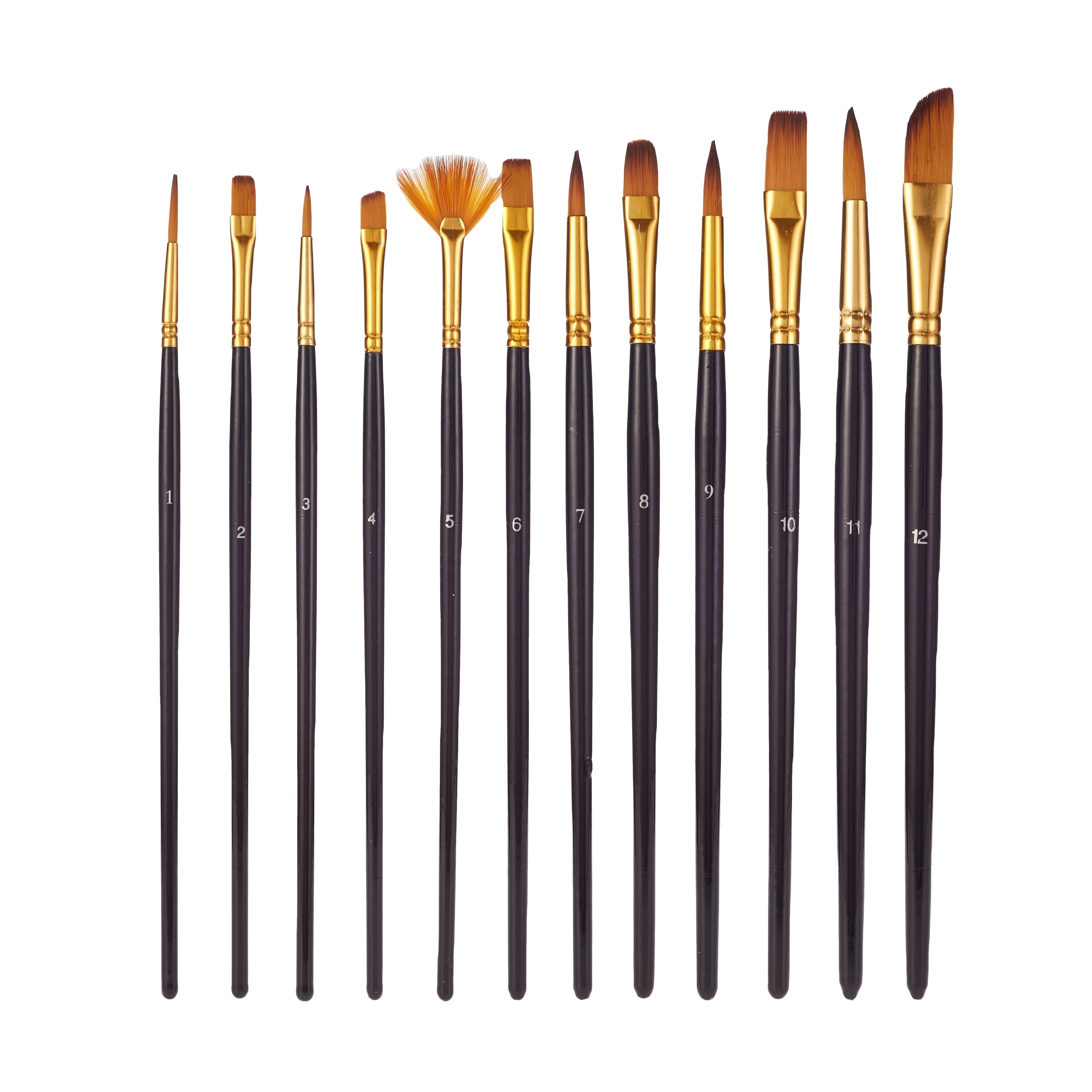Amazon hot sale 12pcs different shapes wooden handle aluminum tube drawing brush artist brush for kids paint