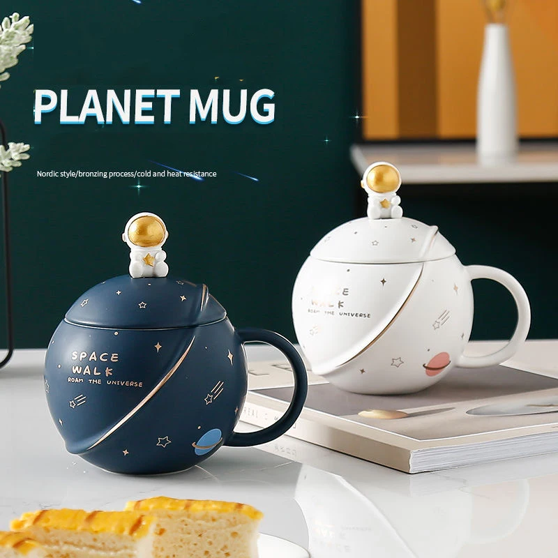 Creative Design Ceramic planet cup mug with lid and spoon Lovely bone china tea cup coffee mug for kid gift Multiple color