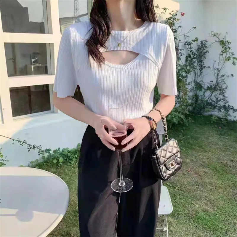 Fashion Thin Ice Silk Cut Out Women 3/4 Sleeve Cropped Crew Neck White Slim Fitting Knitted Sweater custom clothing packaging