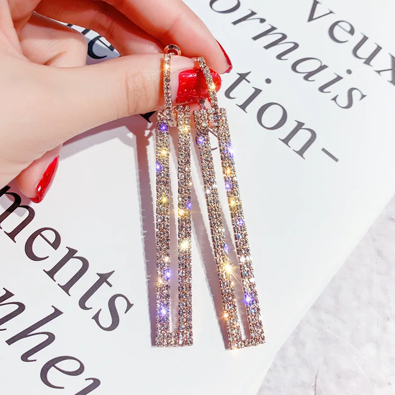 SHHE507 Korean Style Geometric Square Rhinestone Drop Earrings Long Diamond Crystal Rectangle Dangle Earrings with Crystal