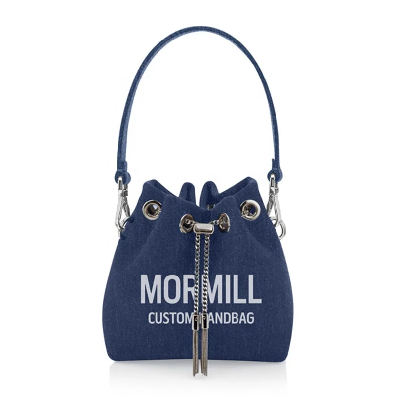 Trendy Drawstring Tassel Large Capacity Shoulder Vintage Bucket Bag Custom Denim Bags Women
