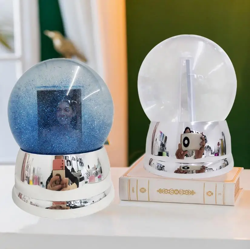 100mm Resin Glass Musical Led Snowglobes Custom Plastic Picture Insert Glitter Photo Frame Snow Globe