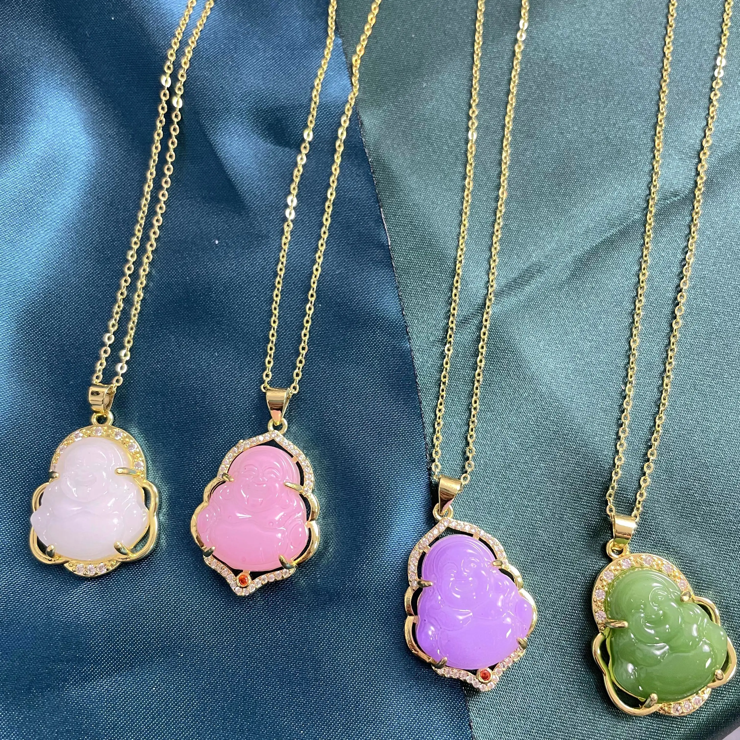 Hot Selling Natural Green White Jade Stone Classic Diamond Stainless Steel Edge Good Meaning Pink Buddha Necklace for Women Men