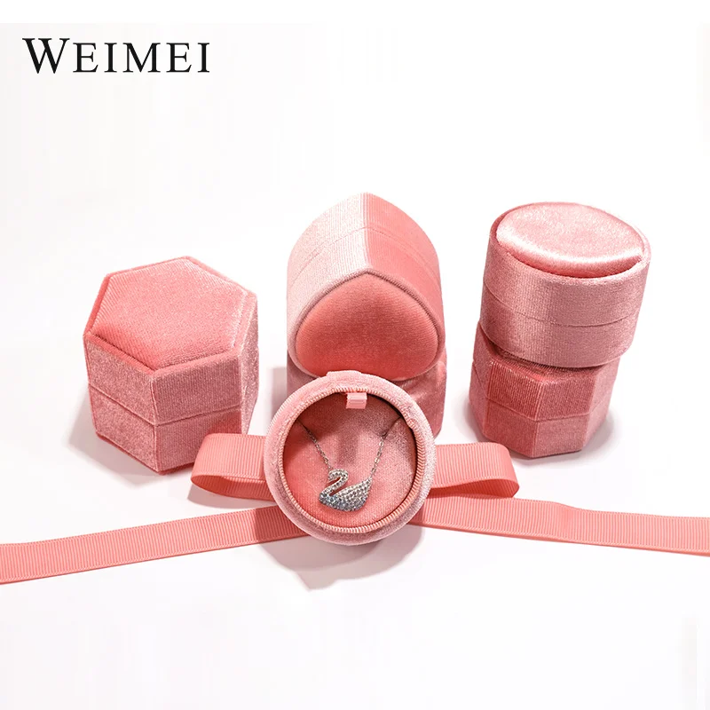 WEIMEI Manufacturer creative high-end wedding jewellery box round korea velvet ring box hexagonal velvet jewelry box with bag