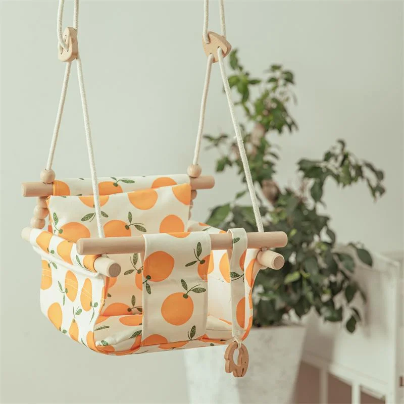 Hot Wooden Baby Swing Chair Canvas Hanging Swing Seat with Cushion Indoor Durable Swing for Infant