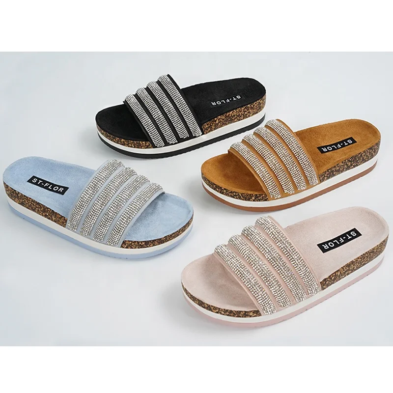 Catch Your Eyes Cover Diamond High Sole Girls Sandals Customized High Quality Cork Wedge Sandals Slippers For Women