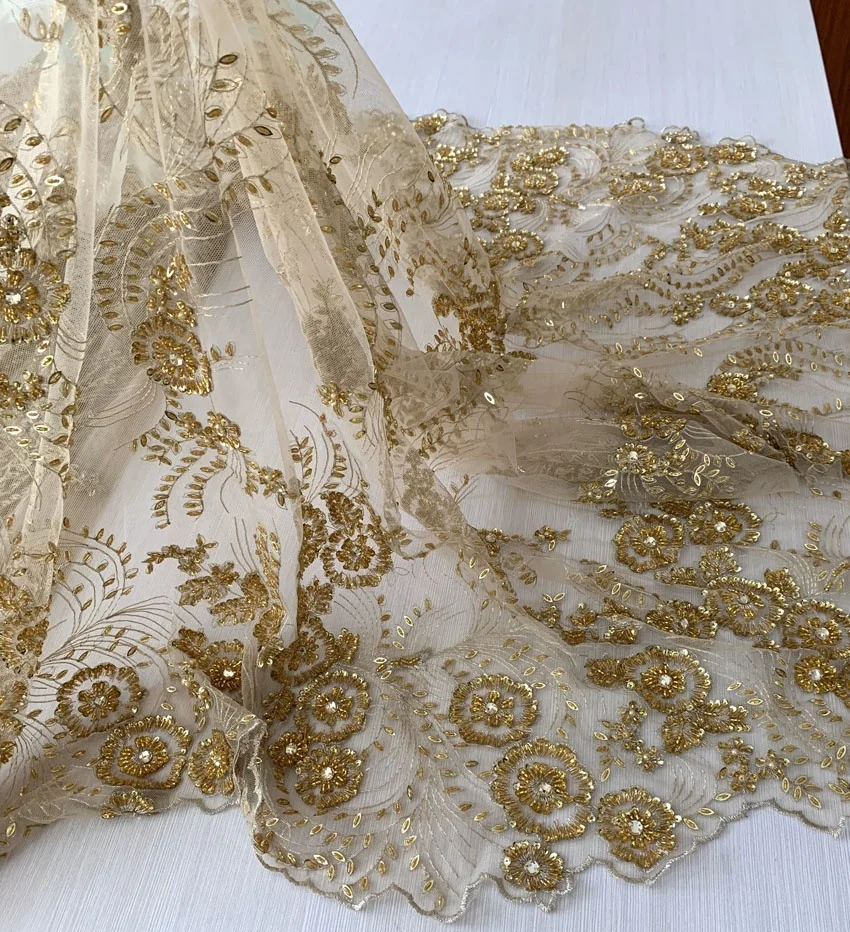 luxury gold metallic hand embroidery designs heavy beaded sequin embroidered tulle lace fabric for dress and wedding