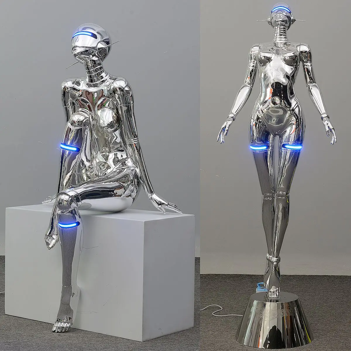 2023 New Design Women Mannequin Decor Shop Ornaments Polished Metallic Surface Sexy Robot Punk Goddess Sculpture Floor Lamp