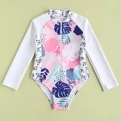 Low Moq Anti-UV Long Sleeve Swimsuit For Kids Printed Rash Guard Toddler Swimwear One Piece Zipper Girl Swimsuit Kids