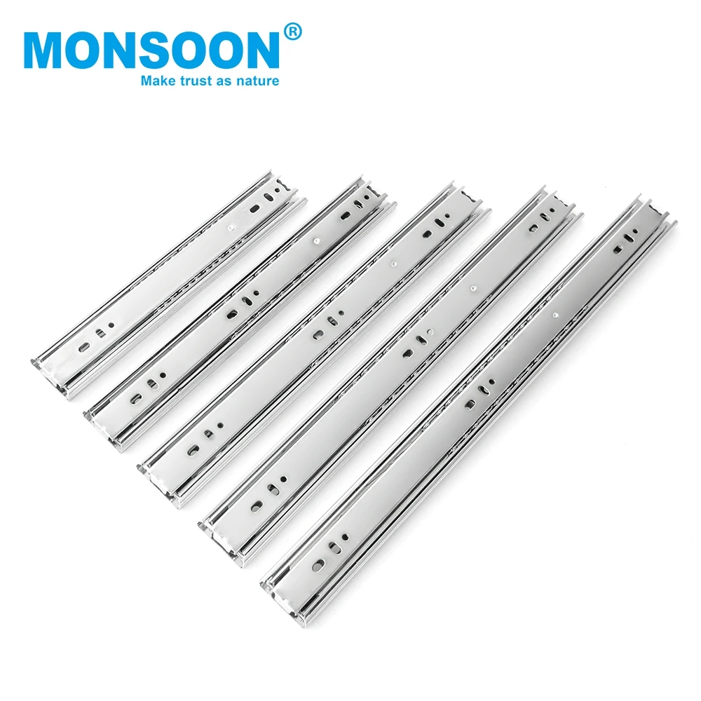 heavy duty 45mm 3 Fold Full Extension zinc plated ball bearing telescopic channel guide rail runner drawer slide
