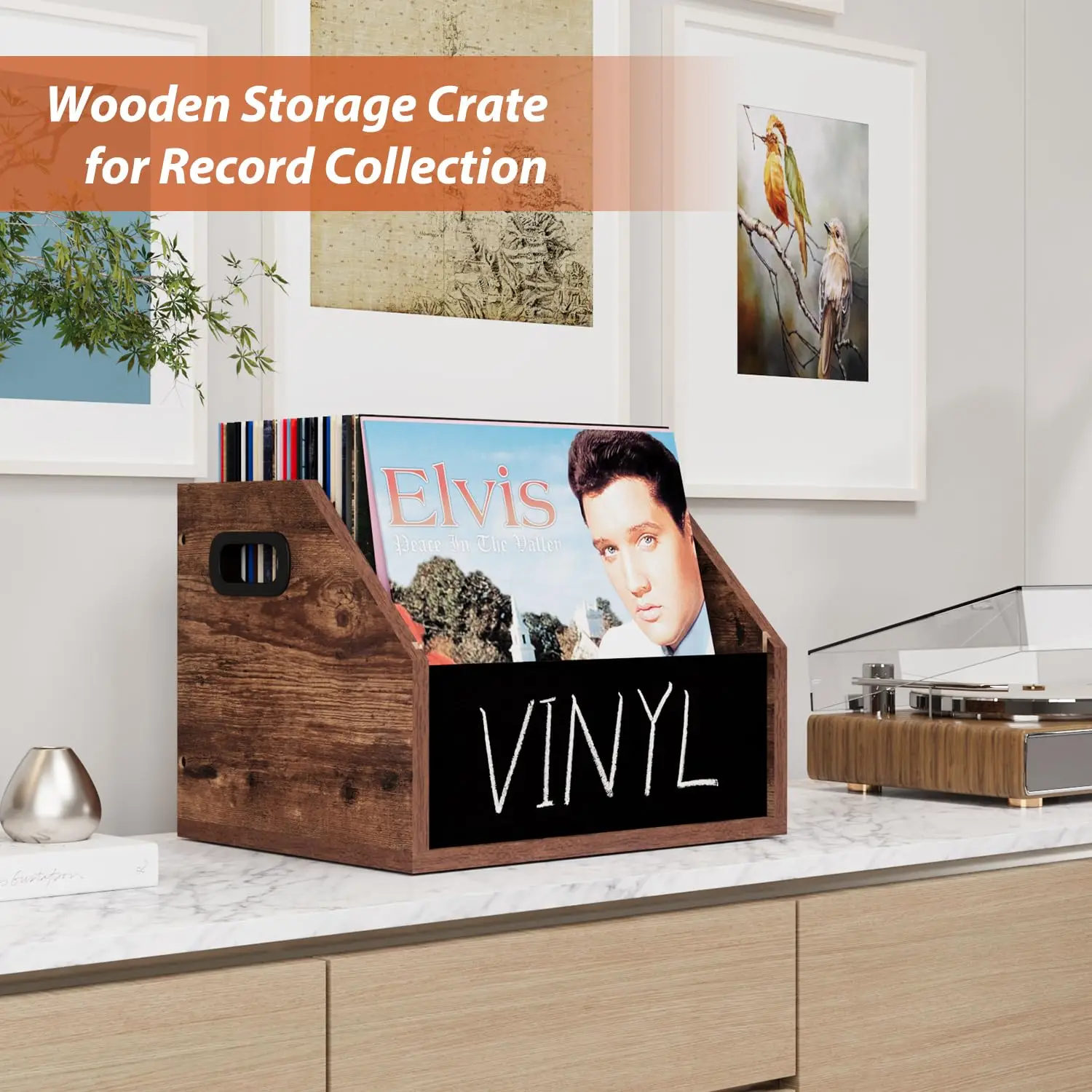 Album Storage Crate Wooden Record Holder  for Vinyl Records with Handles,Blackboard,Colored Chalk