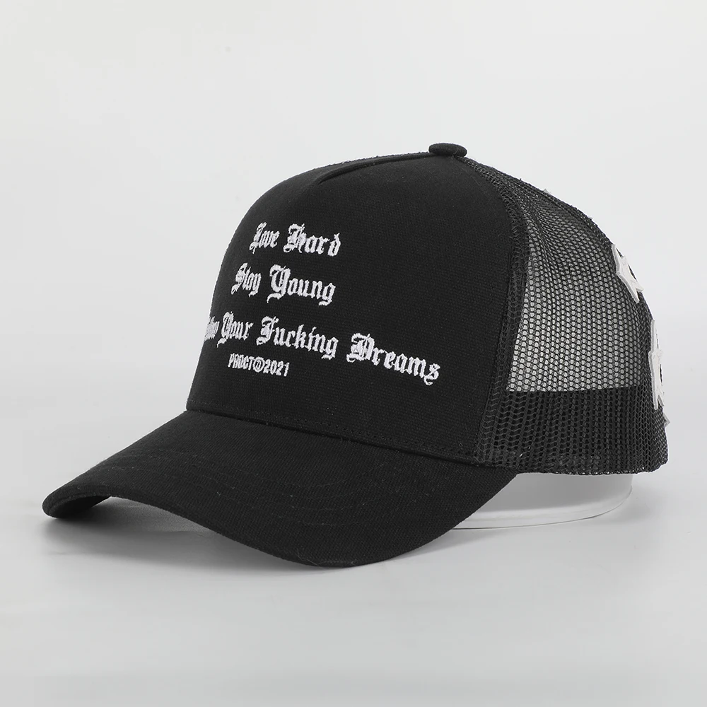 BSCI Factory Meidiney Custom High Quality 5 Panel Embroidery Logo Black Canvas Gorras Mesh Snap Back Trucker Hat Caps