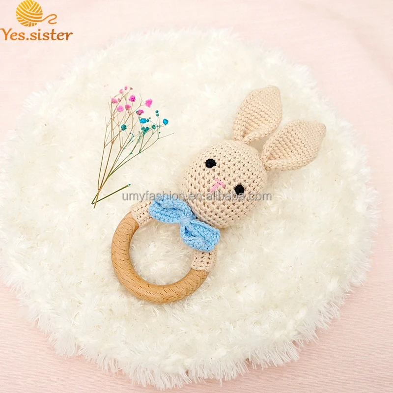 DIY Crochet Bunny Rattle Rabbit Baby Knitting Animal Toy New Mom Gift Crochet Baby Teething Ring