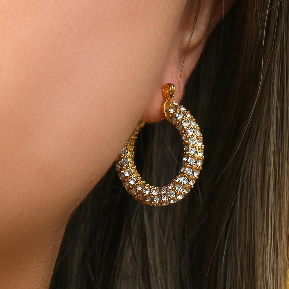 Luxury Shining Zircon Chunky Hoop Earring 18k Gold Plated Stainless Steel Hoop Earring Tarnish Free Jewelry
