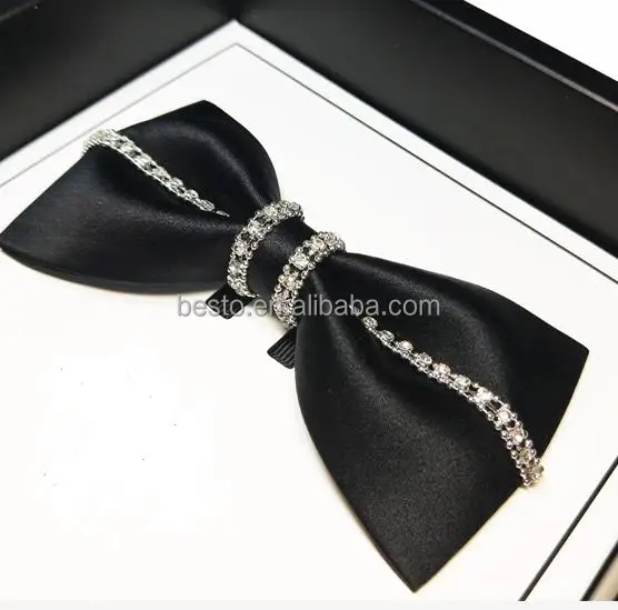 Elegant wedding handmade rhinestone black silk bow ties with pocket square